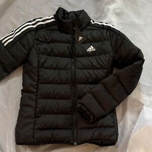 Adidas Black Puffer Jacket with White Stripes